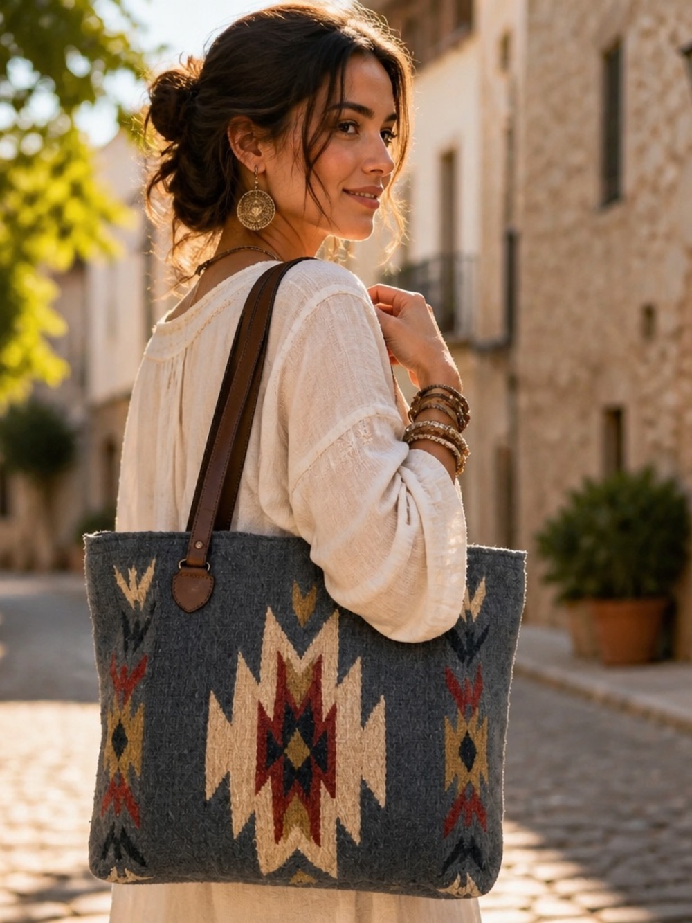 MZ Boho Aztec 100% Wool Tote Bag with Leather Straps - Blue New